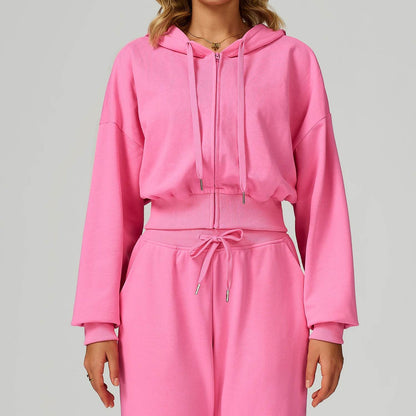 Long Sleeve Full Zip Up Crop Drawstring Hoodie Jacket