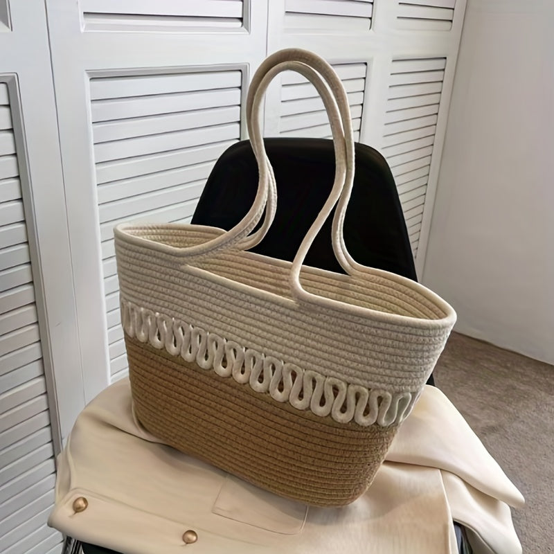 Khaki Beach Straw Tote Bag