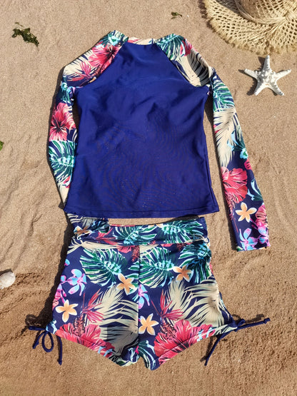 2-Piece Blue Floral Long Sleeve Swimsuit