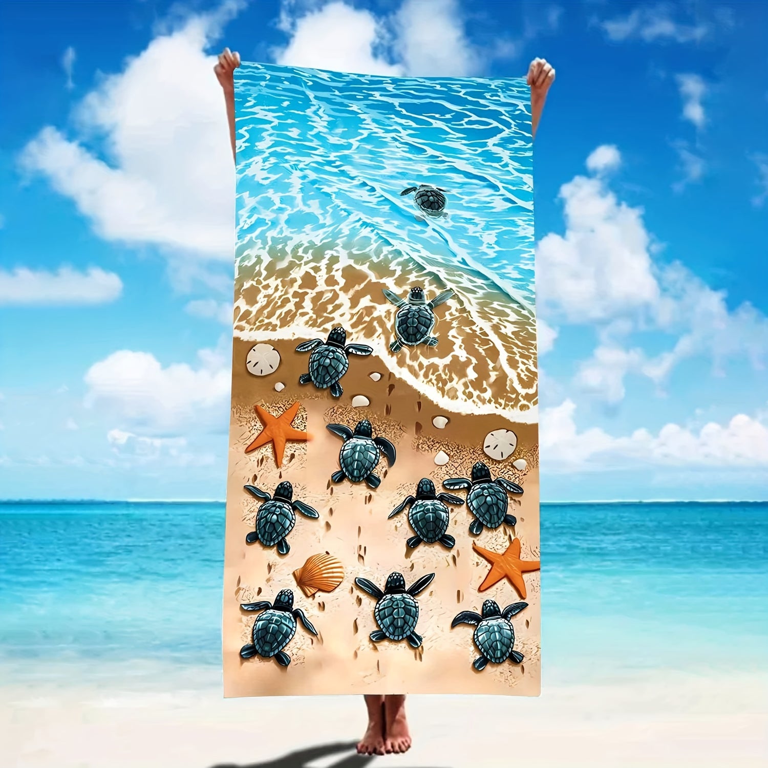 Beach Towel with Cute Sea Stars and Turtles Graphic Pattern