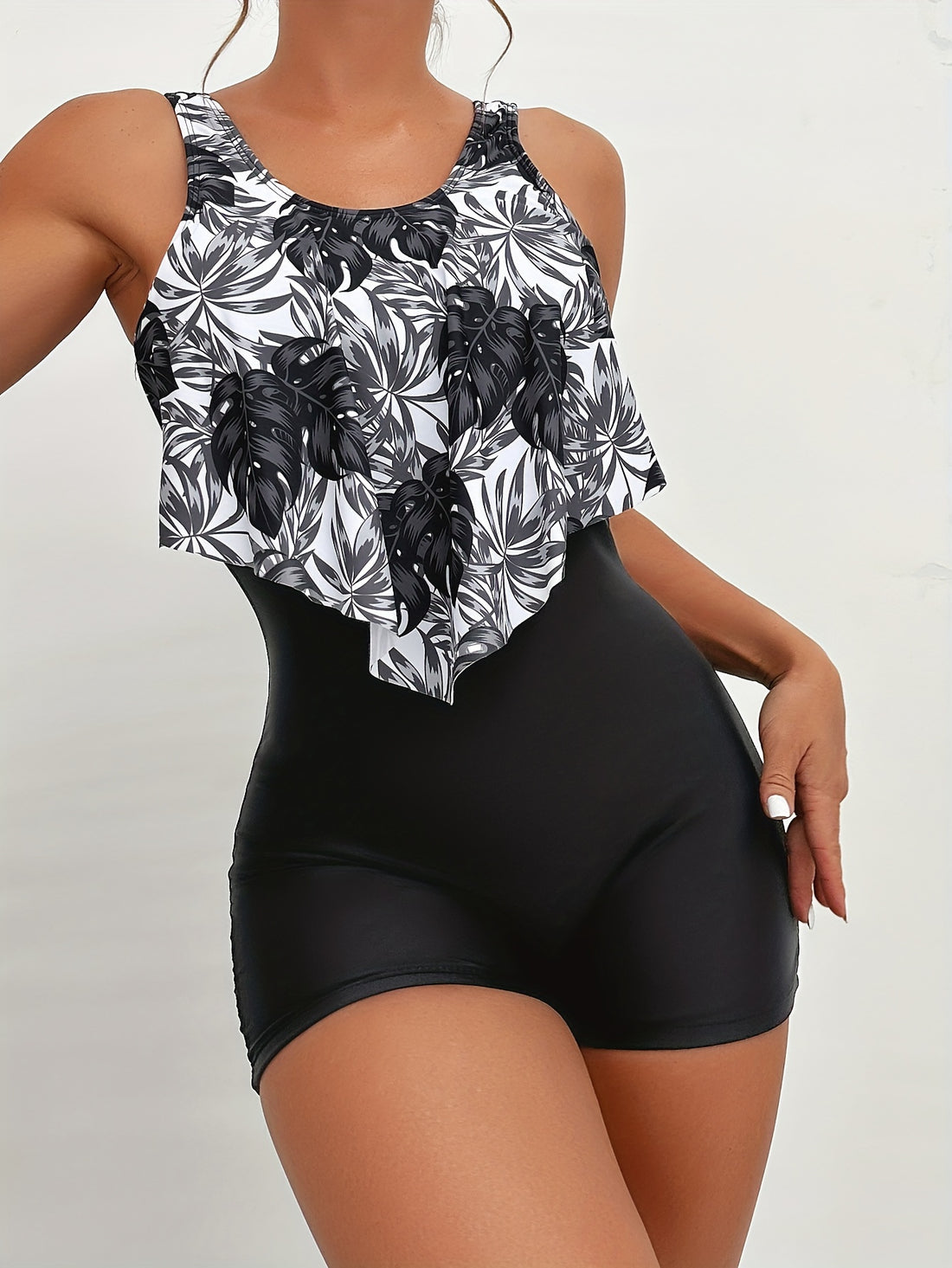 Flirty Tropical Palm Leaf Print One-Piece Swimsuit