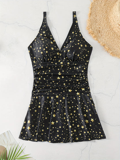 Star Print V Neck Stretchy One-piece Swimsuit