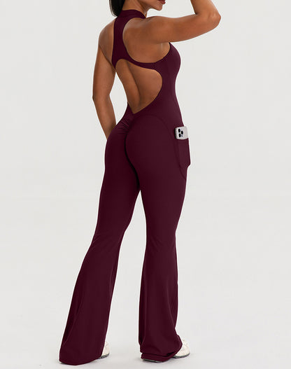 Zipper Racerback Yoga Bodysuit Flare Jumpsuit with Pockets