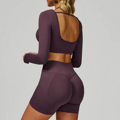 Backless Long Sleeve Workout Crop Top Gym Shirt with Halter