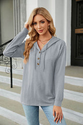 Button Hooded Sweatshirt Loose Long Sleeve Casual Tops