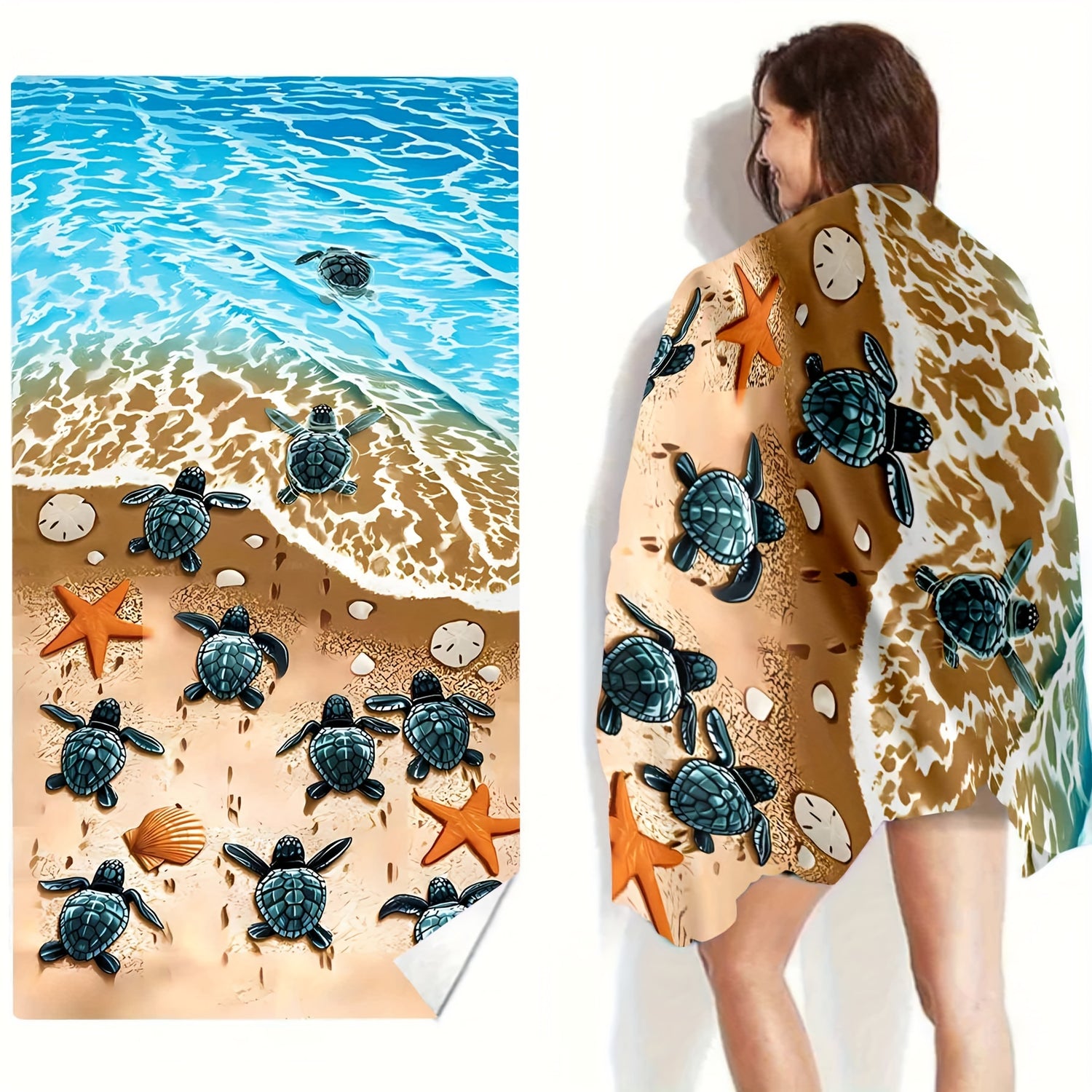 Beach Towel with Cute Sea Stars and Turtles Graphic Pattern