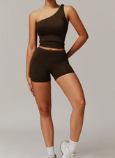 Active Wear Set with One Shoulder Knot Design Tank Top and Shorts