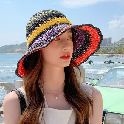 Rainbow Sun Protection Crochet Bucket Hat for Summer Vacation