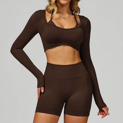 Backless Long Sleeve Workout Crop Top Gym Shirt with Halter