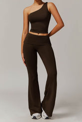 Active Wear Set with One Shoulder Knot Design Tank Top and Flare Pants