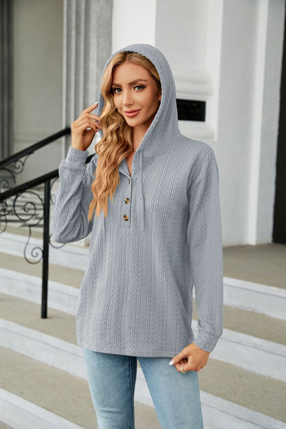 Button Hooded Sweatshirt Loose Long Sleeve Casual Tops