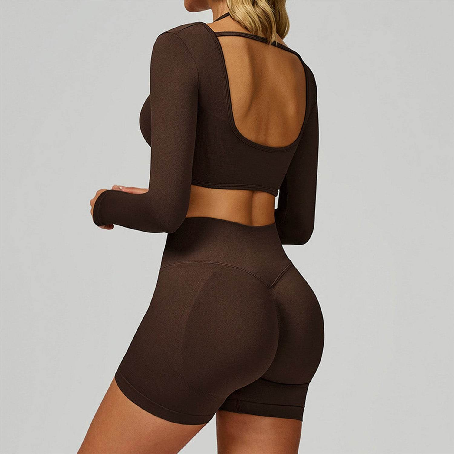 Backless Long Sleeve Workout Crop Top Gym Shirt with Halter
