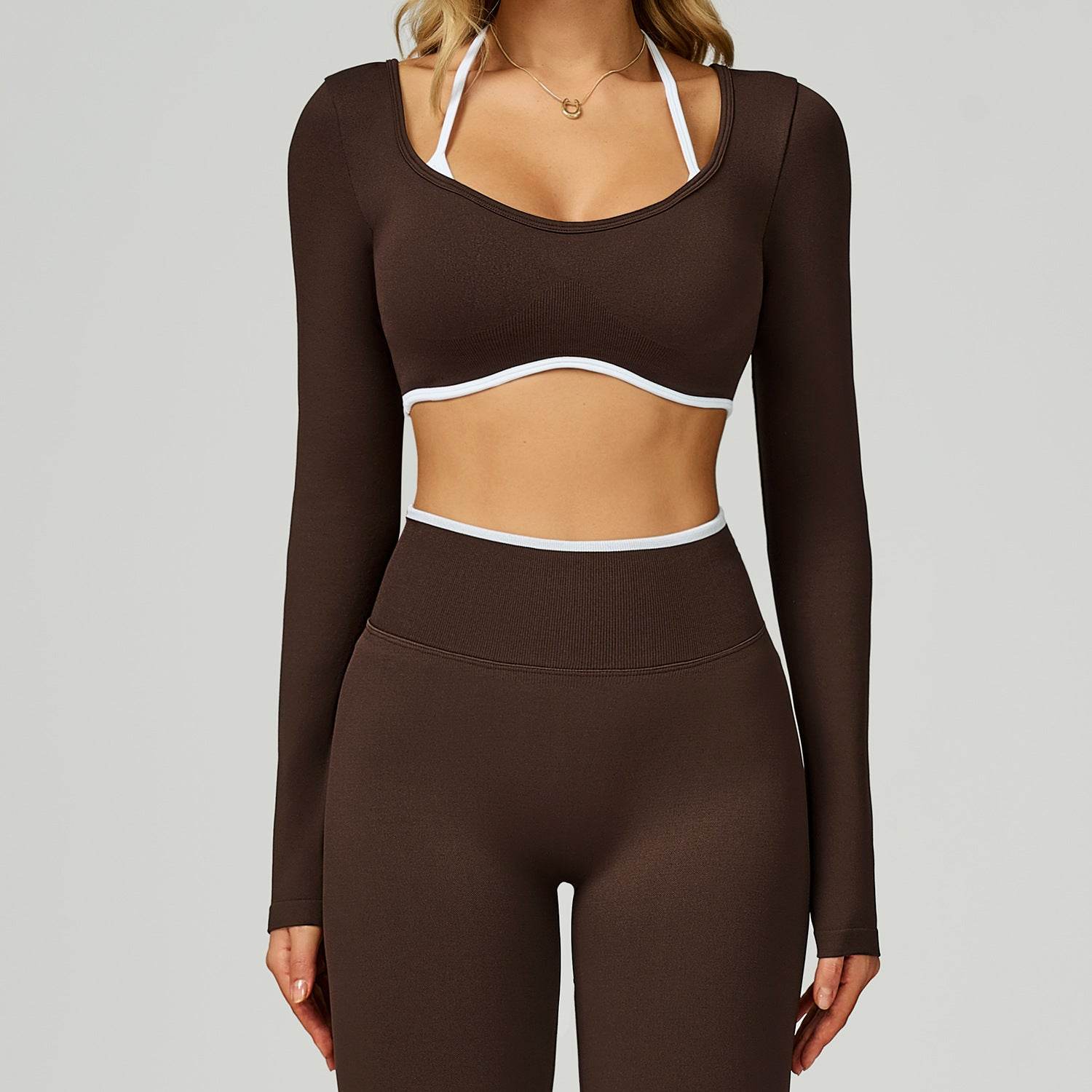 Backless Long Sleeve Workout Crop Top Gym Shirt with Halter