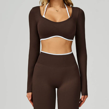 Backless Long Sleeve Workout Crop Top Gym Shirt with Halter