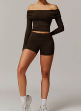 Active Wear Set with Long Sleeve Off Shoulder Crop Top and Shorts
