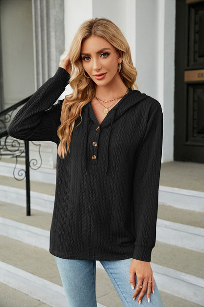 Button Hooded Sweatshirt Loose Long Sleeve Casual Tops