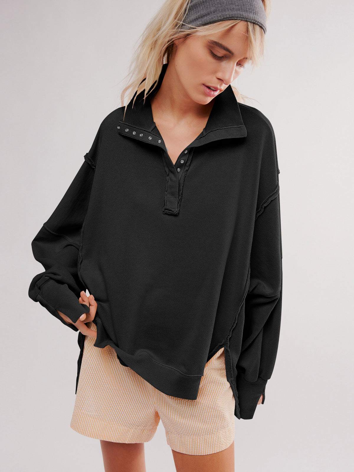 Oversized V Neck Long Sleeve Hoodies Pullover | Ideal for Layering