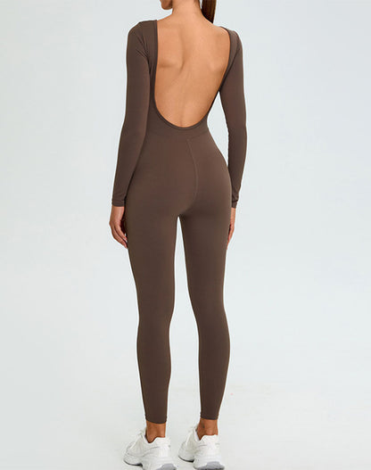 Long Sleeve Backless Workout Jumpsuit One Piece Bodysuit
