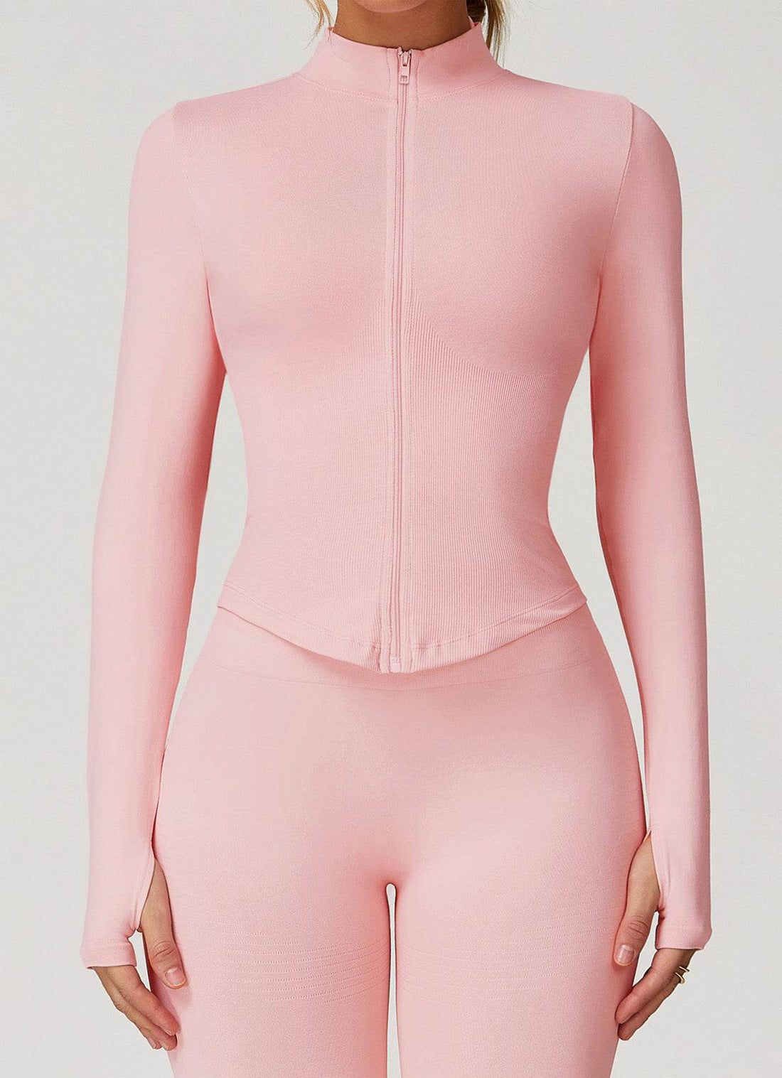 Full Zip Cropped Workout Jacket with Thumb Holes - Peach Pink