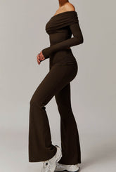 Active Wear Set with Long Sleeve Off Shoulder Crop Top and Flare Pants