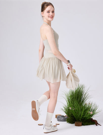 Mesh Tennis Sets with Halter Neck Crop Tank Top and Skirt