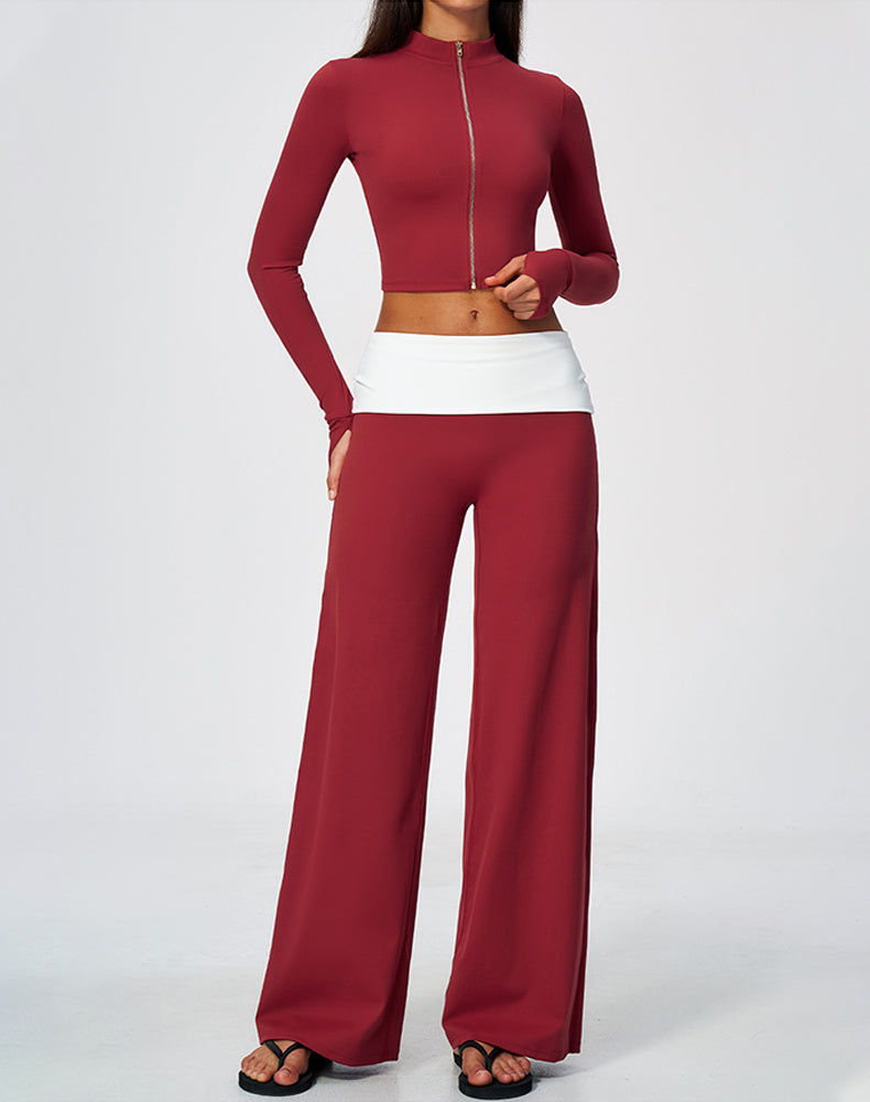 2 Piece Full Zip Cropped Jacket and Fold Over Flare Pant