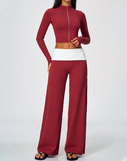 2 Piece Full Zip Cropped Jacket and Fold Over Flare Pant