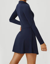 Long Sleeve Zip Polo Collar Tennis Dress with Built in Short