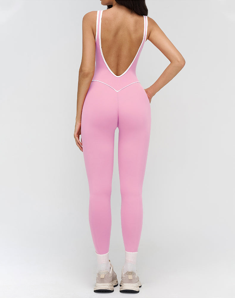 Backless One Piece Yoga Jumpsuit Contrast Trim Unitard