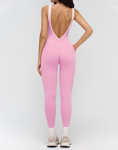 Backless One Piece Yoga Jumpsuit Contrast Trim Unitard