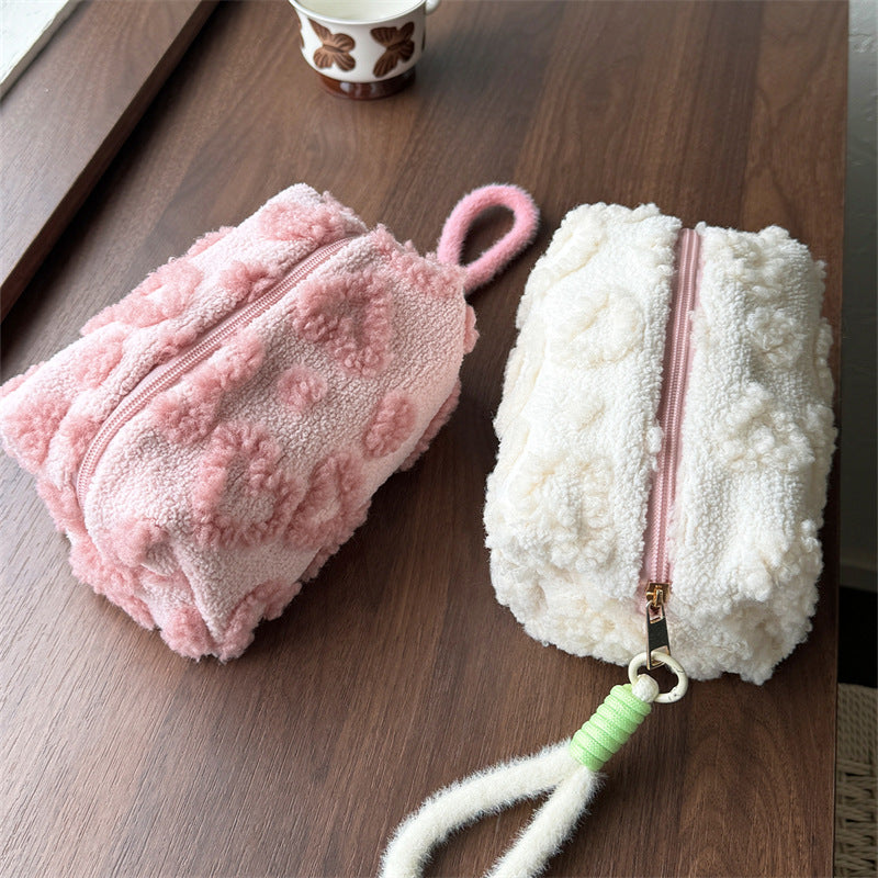 Cute Plush Heart Cosmetic Bag with Hanging Lanyard