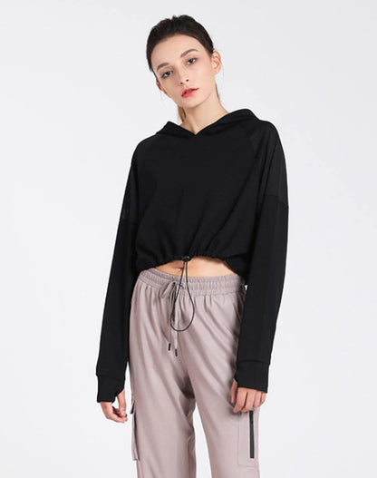Drawstring Cropped Hoodies with Thumb Holes