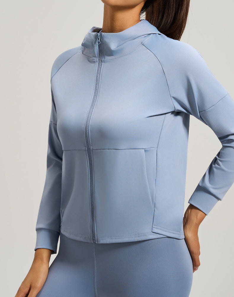 Long Sleeve Hooded Zip Up Casual Crop Coat with Pockets