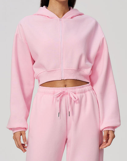 Long Sleeve Full Zip Cropped Casual Hooded