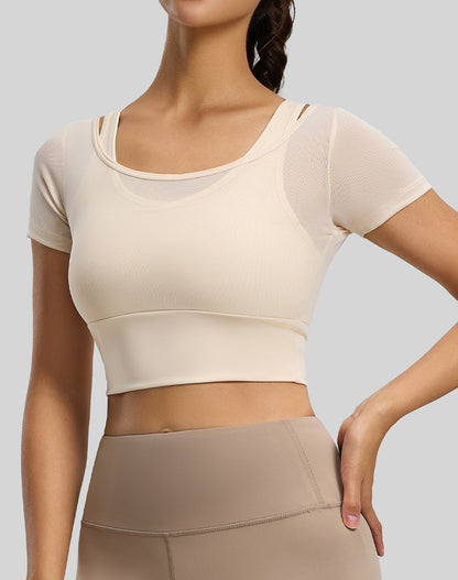 Short Sleeve Yoga Crop Tops Mesh Athletic T-Shirts