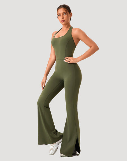 Halter Neck Flare Jumpsuit One Piece Side Split Yoga Rompers
