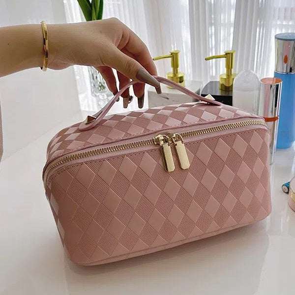 PU Leather Diamond Lattice Makeup Bag | Perfect for Travel and Home