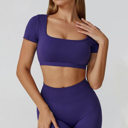 Short Sleeve Crop Top Yoga T-Shirt with Built in Bra