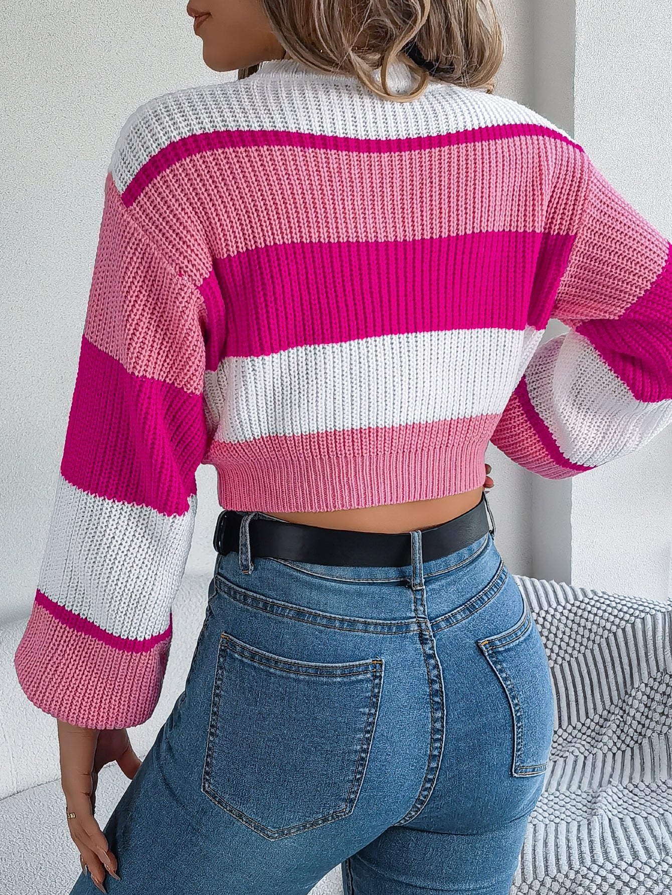 Colorblock Lantern Sleeve Crop Pullovers Sweater