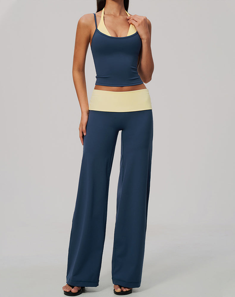 2 Piece Color Block Tank Top and Fold Over Flare Pant Sets