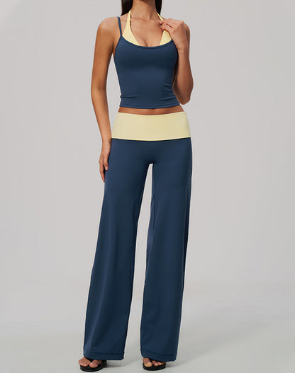 2 Piece Color Block Tank Top and Fold Over Flare Pant Sets
