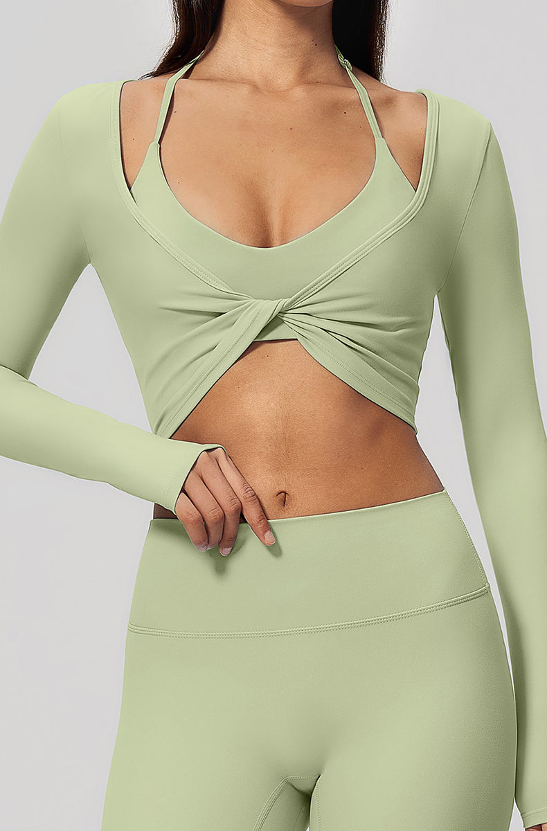 Long Sleeve Twist Front Crop Wrap Top with Sports Bra