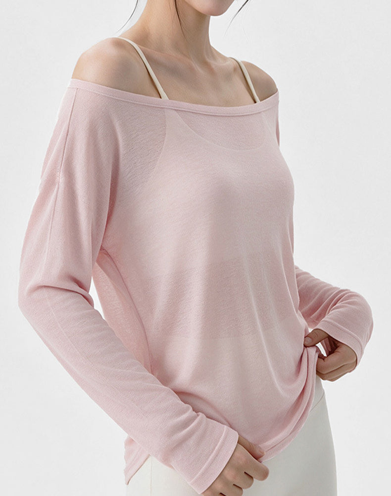 Off Shoulder Long Sleeve Sheer Mesh Yoga Tops