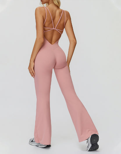Cross Back One Piece Jumpsuit Yoga Flare Leg Rompers