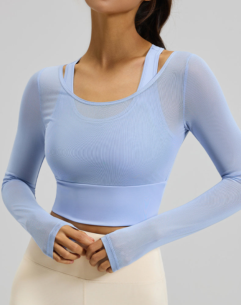 Long Sleeve Yoga Crop Tops Mesh Athletic T-Shirts