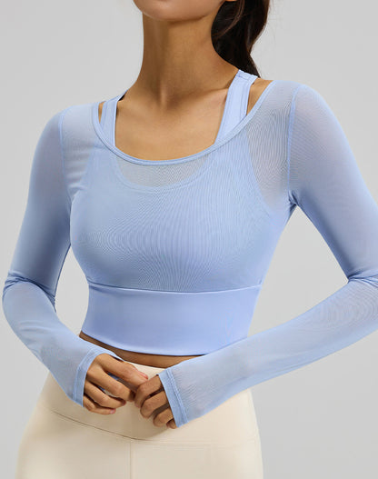 Long Sleeve Yoga Crop Tops Mesh Athletic T-Shirts