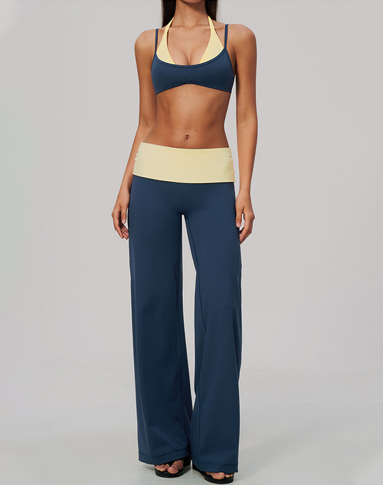 2 Piece Color Block Sports Bra and Fold Over Flare Pant Sets