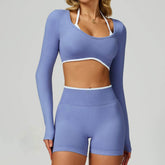 Backless Long Sleeve Workout Crop Top Gym Shirt with Halter