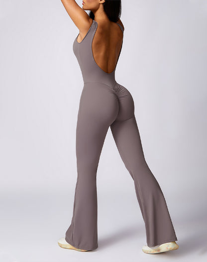 Backless Yoga Flare Jumpsuit Sleeveless Workout Romper