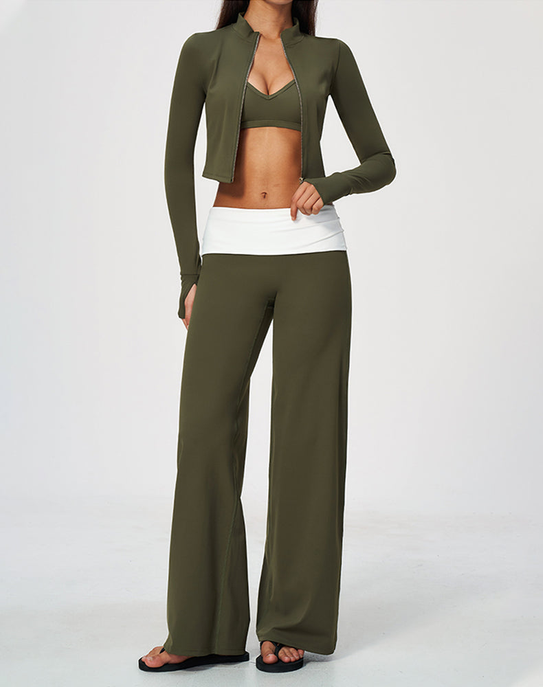 3 Piece Sports Bra Cropped Jacket and Fold Over Flare Pant